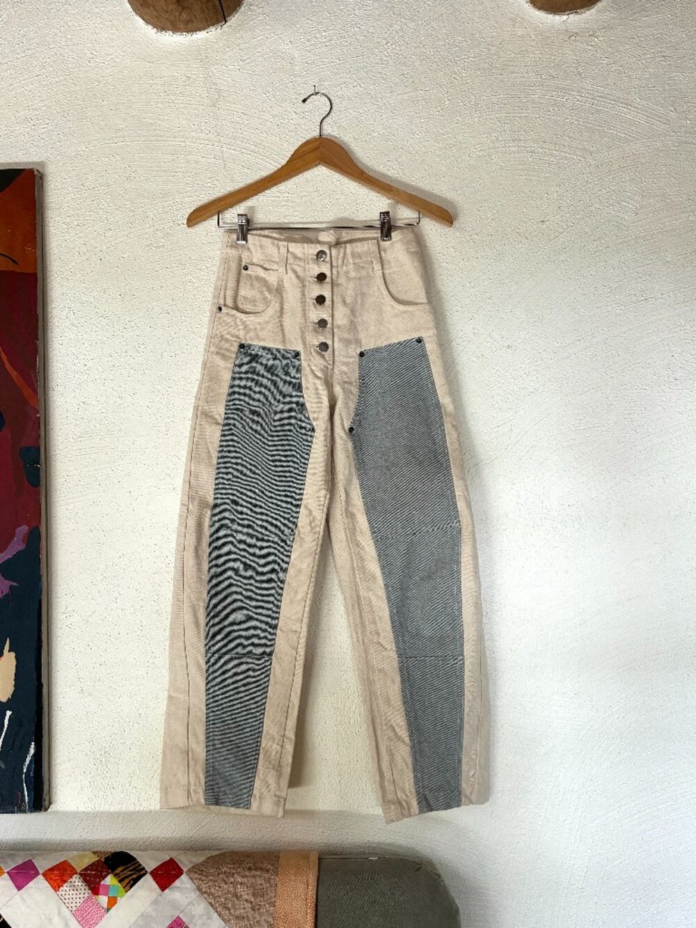 Rachel Comey Cream Straight-Leg Pants with Blue Patch Panels